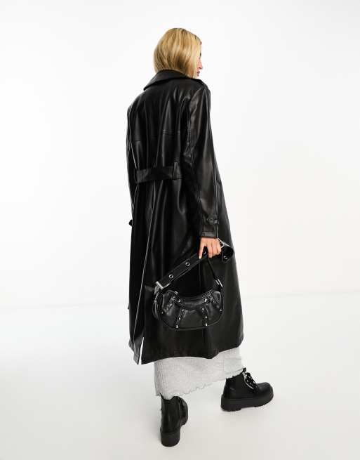 Pimkie leather look belted trench coat in black, 3 of 4