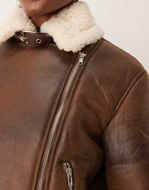 Pimkie leather look borg collar aviator jacket in brown ASOS