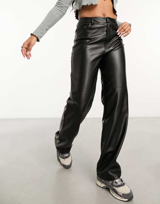 Stone Belted Straight Leg Faux Leather Pants