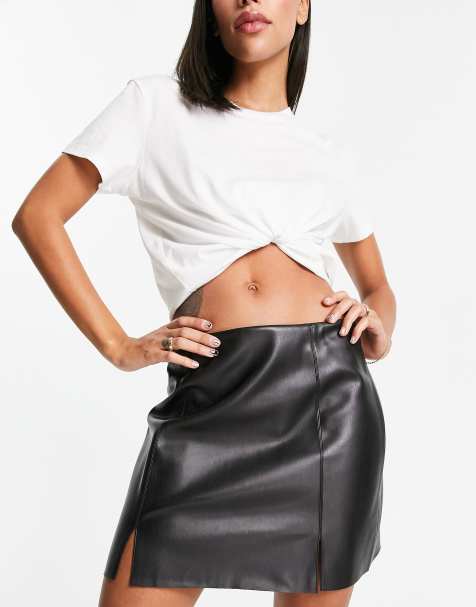 ASOS DESIGN Curve faux leather belted midi skirt with zip detail in black