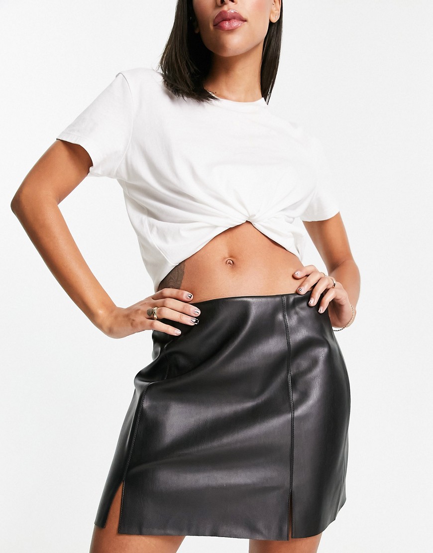 Pimkie leather look side split mini skirt in black