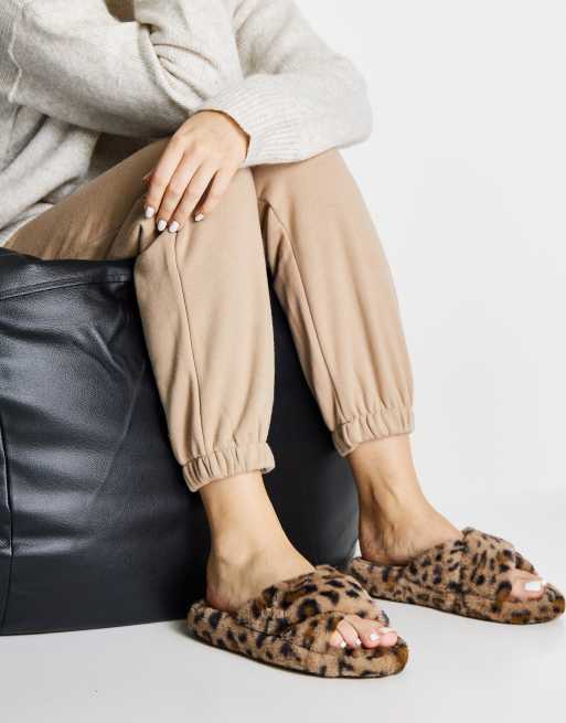 Pimkie leopard print crossover faux fur slippers in brown