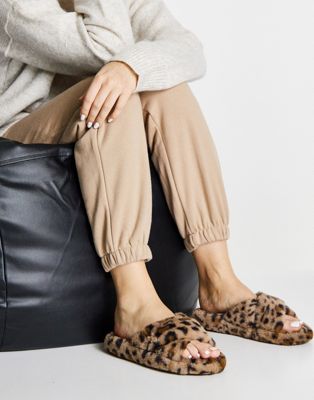 Pimkie leopard print crossover fur slippers in brown