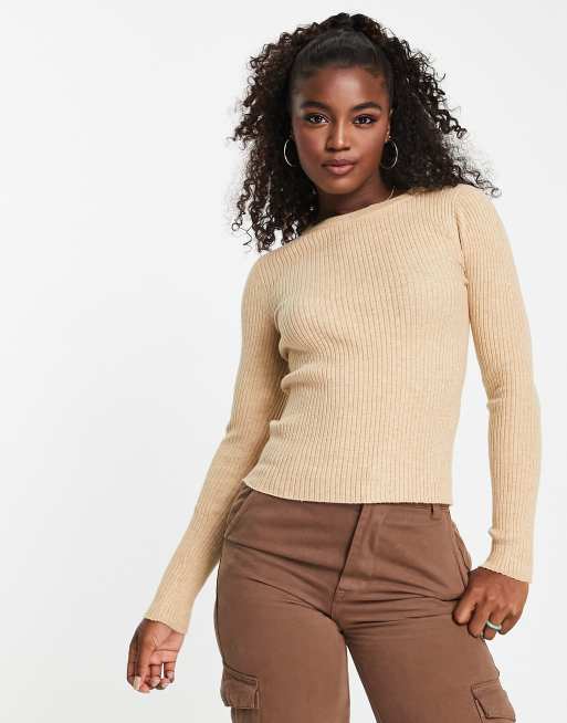 Pimkie lightweight crew neck ribbed jumper in beige