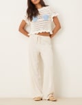 [Pimkie] Pimkie linen-blend drawstring tie waist wide leg pants in ecru-White 40 Ecru