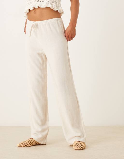 Pimkie linen-blend drawstring tie waist wide leg pants in ecru, 2 of 5