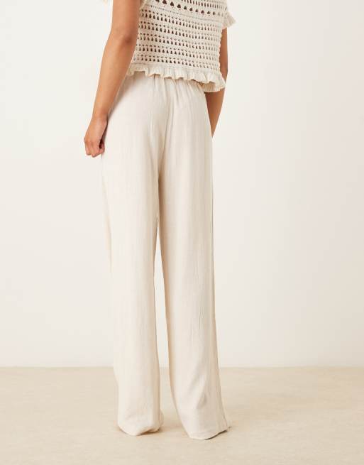 Pimkie linen-blend drawstring tie waist wide leg pants in ecru, 4 of 5