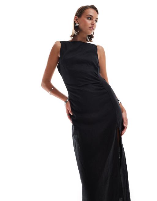 Pimkie linen blend ruched detail midi dress in black, 2 of 4
