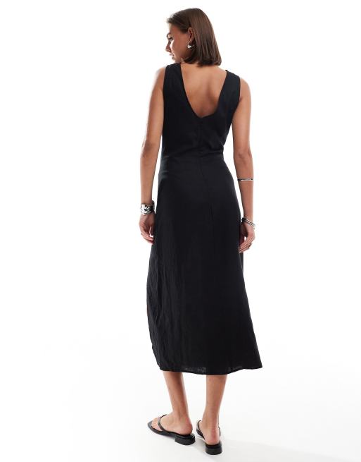 Pimkie linen blend ruched detail midi dress in black, 4 of 4
