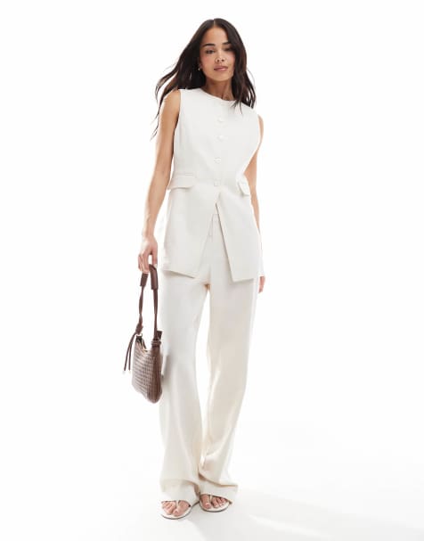 Pimkie linen blend straight leg pants in cream (part of a set) - view 1