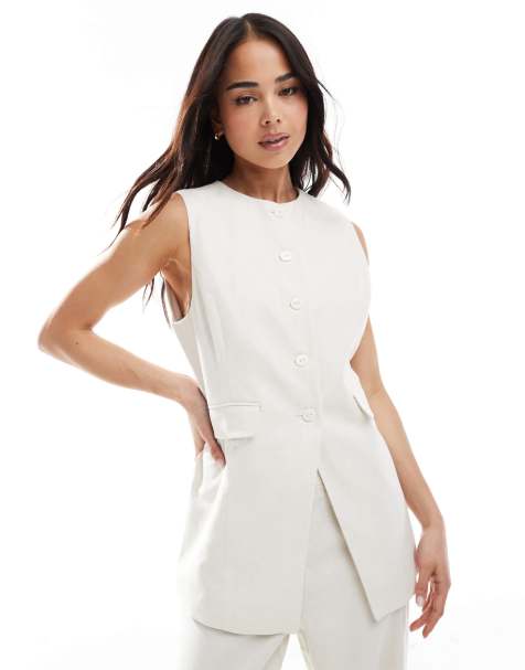 Pimkie linen blend tailored high neck button through waistcoat co-ord in cream - view 1