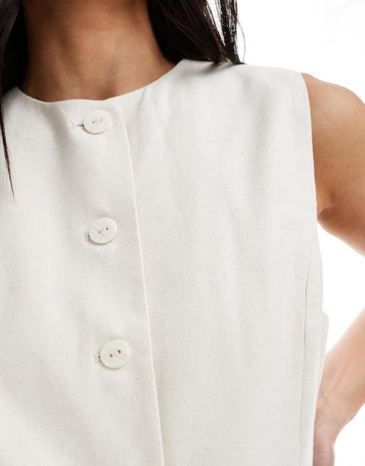 Pimkie linen blend tailored high neck button through waistcoat co-ord in cream, 3 of 4