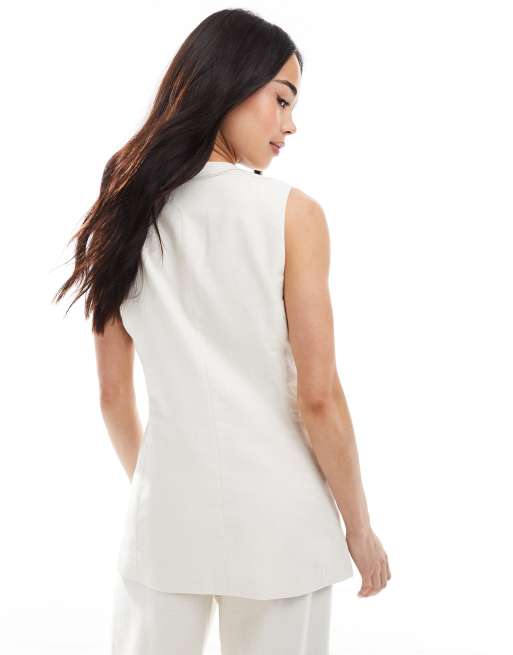 Pimkie linen blend tailored high neck button through waistcoat co-ord in cream, 4 of 4