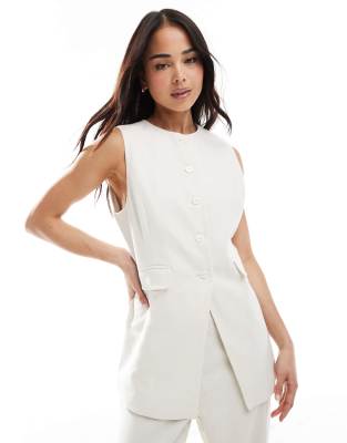Pimkie linen blend tailored high neck button through waistcoat in cream (part of a set)