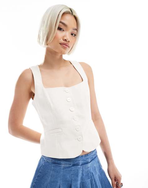 Pimkie linen blend tailored square neck button through waistcoat in beige