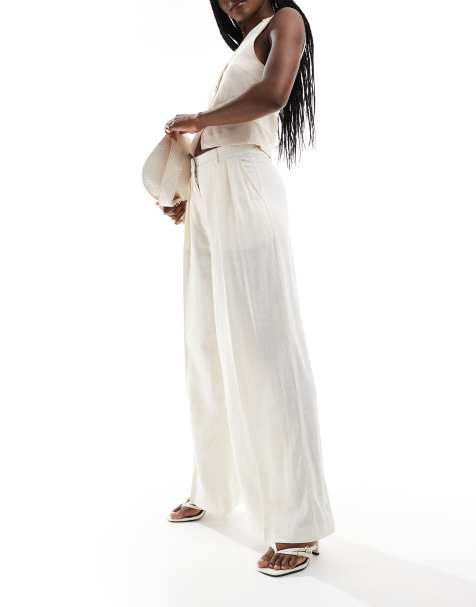 Pimkie linen blend tailored straight leg trousers in ecru - view 1