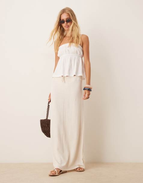 Pimkie linen-blend tie waist maxi skirt in cream - view 1