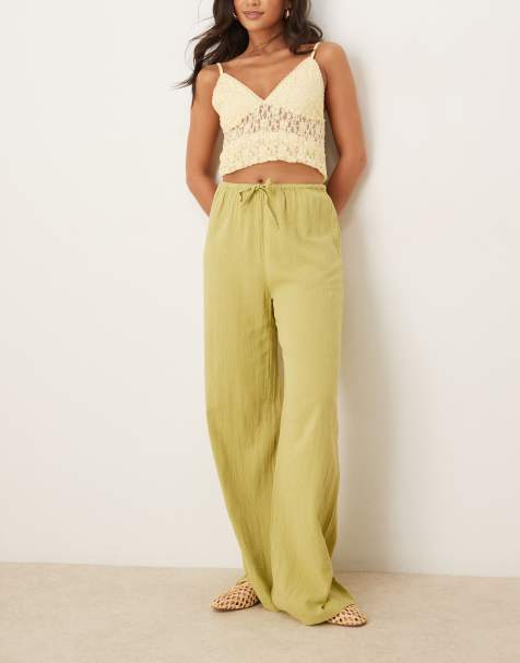 Pimkie linen look drawstring waist wide leg pants in green - view 1