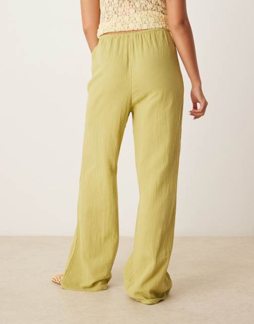 Pimkie linen look drawstring waist wide leg pants in green, 2 of 5