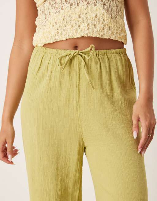 Pimkie linen look drawstring waist wide leg pants in green, 5 of 5