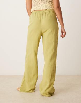 Pimkie linen look drawstring waist wide leg trousers in green