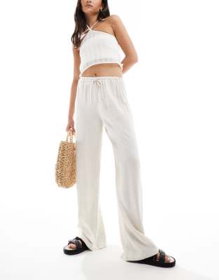 Pimkie linen mix drawstring waist wide leg trousers in stone-Neutral