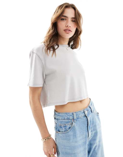 Pimkie – Ljusgrå t-shirt i kort design med korta ärmar, 2 av 4