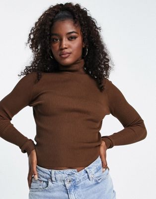 Pimkie ribbed roll neck top in chocolate brown