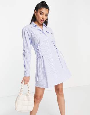 Pimkie long sleeve button down poplin shirt dress in blue and white ...