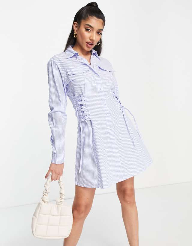 Pimkie - long sleeve button down poplin shirt dress in blue and white strips