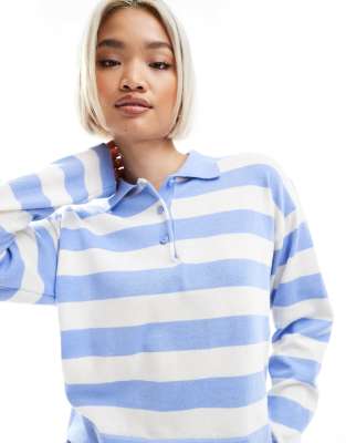 Pimkie long sleeve polo top in blue stripe-Navy