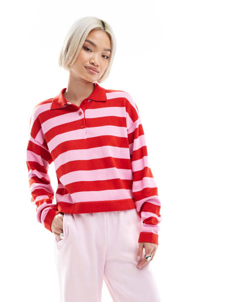 Pimkie long sleeve polo top in red and pink stripe - view 1