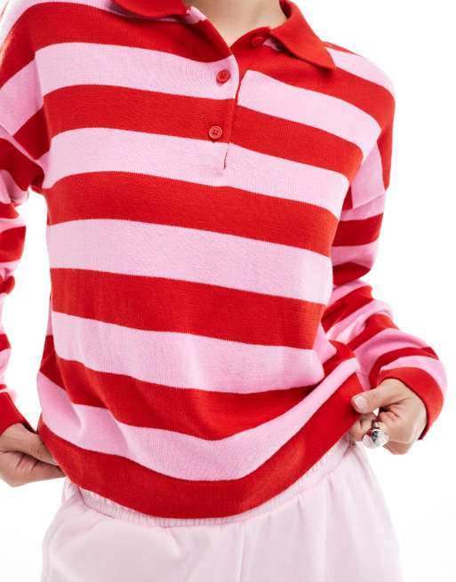 Pimkie long sleeve polo top in red and pink stripe