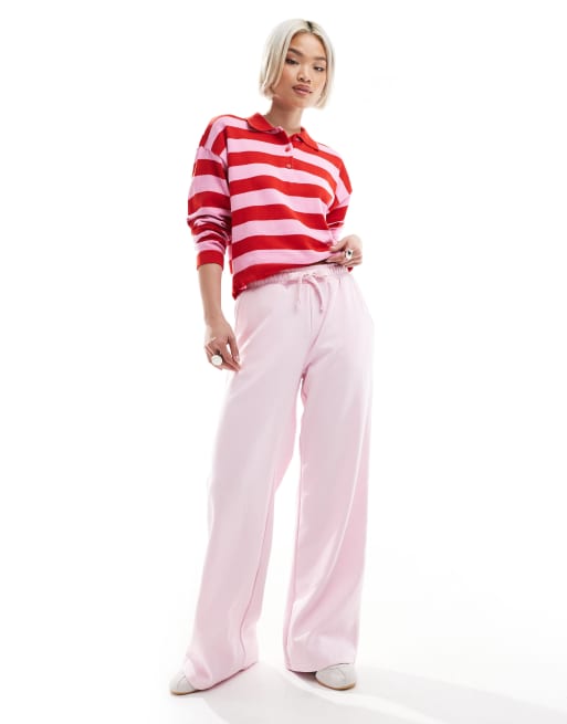 Pimkie long sleeve polo top in red and pink stripe, 3 of 4