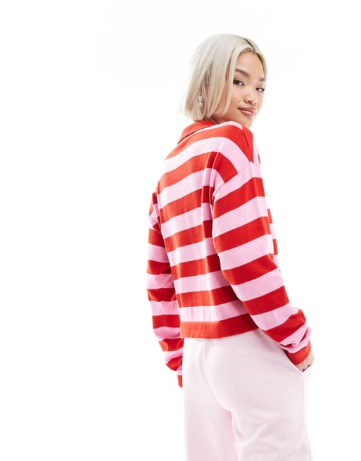 Pimkie long sleeve polo top in red and pink stripe