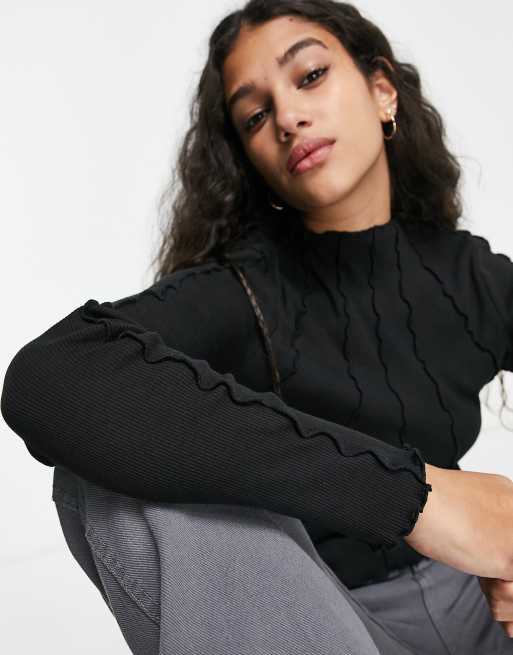 Pimkie long sleeve top in black with contrast seam detail, 2 of 4