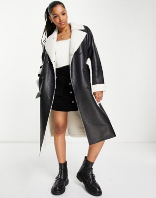 Pimkie longline belted faux leather coat with borg trim in black