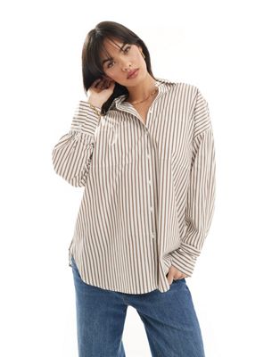 Pimkie longline oversized shirt in brown and white stripe-Multi
