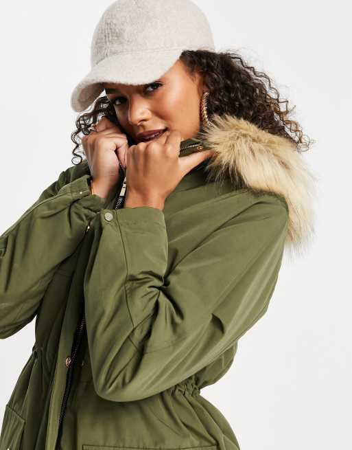 Pimkie longline parka with fur hood in khaki