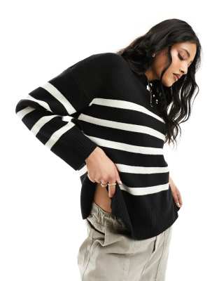 Pimkie longline side split jumper in black and cream stripe-Multi