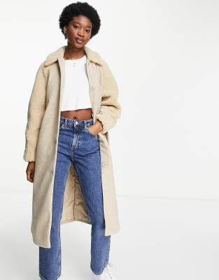 Pimkie longline wool coat with contrast borg sleeve detail in beige - ASOS Price Checker