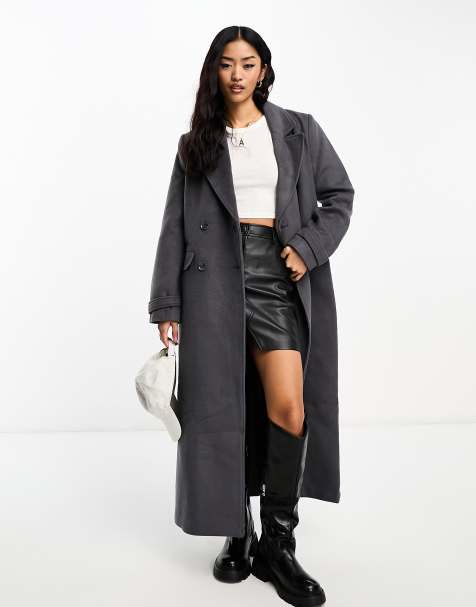 Manteau long ceinturé à boutons gris moyen femme