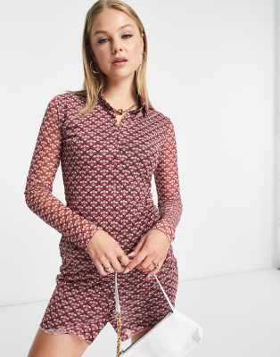 Pimkie Pimkie mesh long sleeve button down polo detail mini dress in pink
