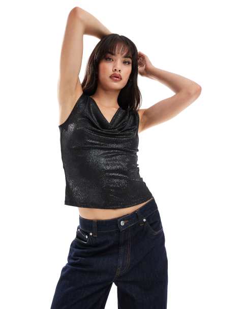 Pimkie metallic cowl neck top in black - view 1