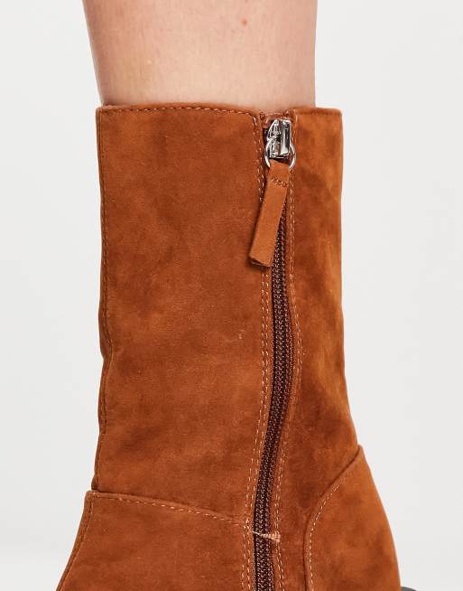 Pimkie mid heel square toe faux suede boots in tan ASOS