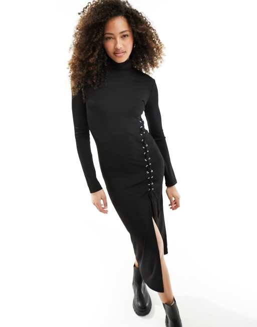 Pimkie - Midi jurk met col, rimpeleffect en dijsplit in zwart, 4 van 4