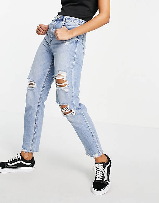Pimkie high waisted mom jean with rips in light blue