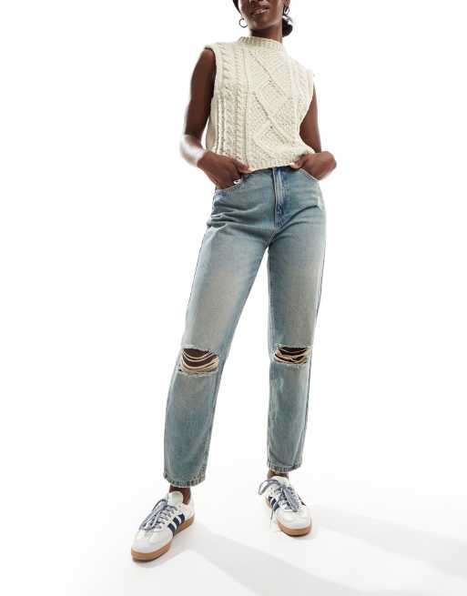 Pimkie - Mom jeans a vita alta invecchiati lavaggio blu sporco con strappi sulle ginocchia