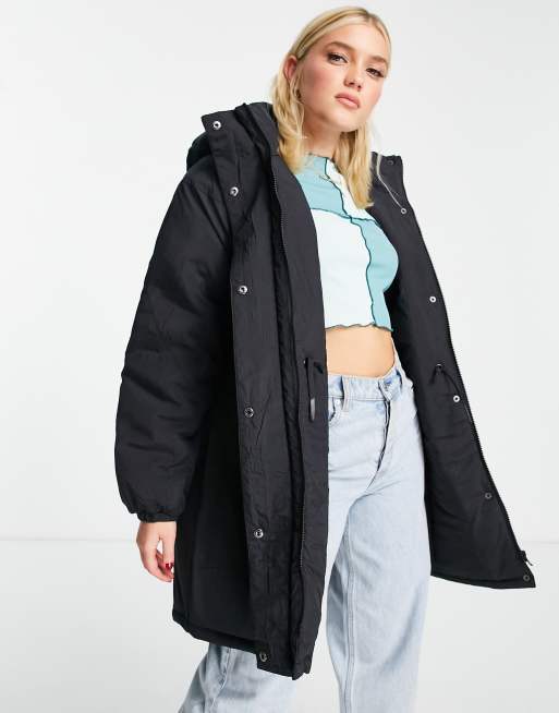 Pimkie nylon padded coat with hood in black | ASOS