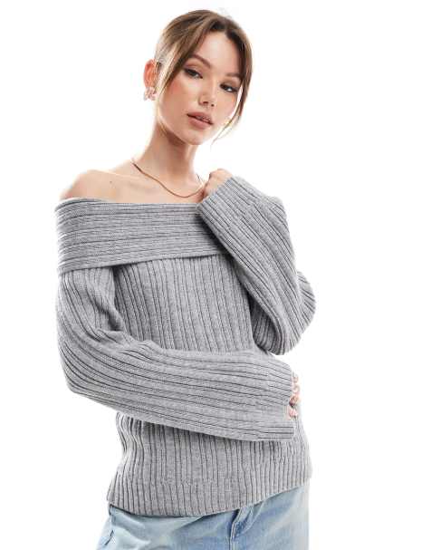Pimkie off shoulder ribbed knit  wide sleeve jumper in grey 